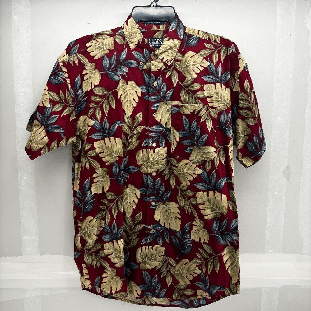 Vintage 90s CHAPS Ralph Lauren Mens Medium Red Burgundy Floral Aloha Camp Shirt